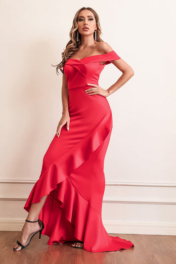 Red Sheath Off The Shoulder Prom Dress With Ruffles