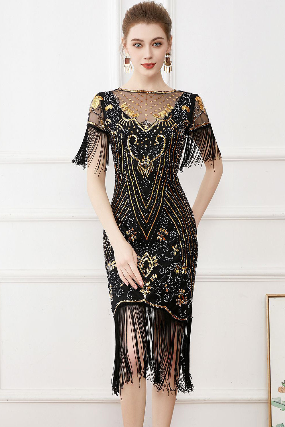 Black Sequins Bodycon Sparkly Party Dress with Fringes