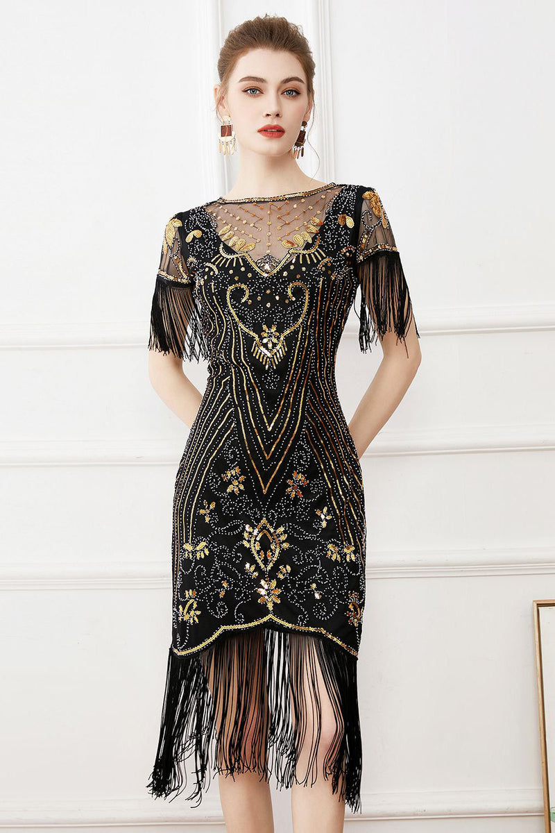Load image into Gallery viewer, Black Sequins Bodycon Sparkly Party Dress with Fringes