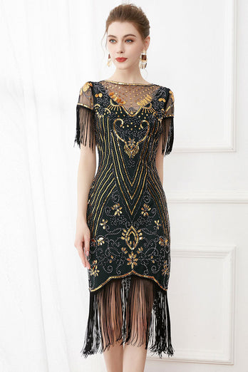 Black Sequins Bodycon Sparkly Party Dress with Fringes