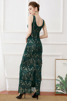 Dark Green Sheath Fringes Sequins Evening Dress