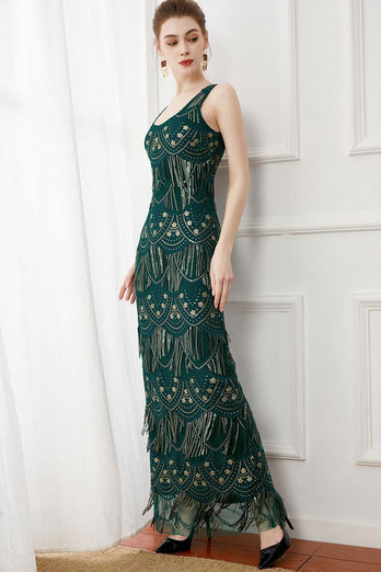 Dark Green Sheath Fringes Sequins Evening Dress