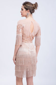 Blush Fringes Sequins Party Dress with Beading