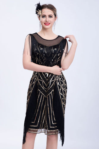 Black Glitter Sequins Cocktail Party Dress with Fringes