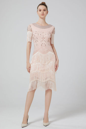 Blush Sequins Sparkly Party Dress with Fringes