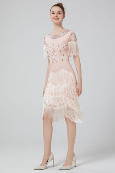 Blush Sequins Sparkly Party Dress with Fringes