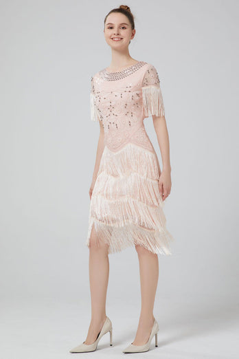 Blush Sequins Sparkly Party Dress with Fringes
