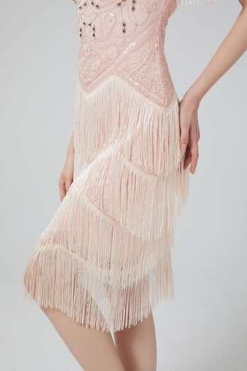 Blush Sequins Sparkly Party Dress with Fringes