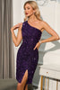 Load image into Gallery viewer, One Shoulder Dark Purple Sparkly Sequin Cocktail Dress