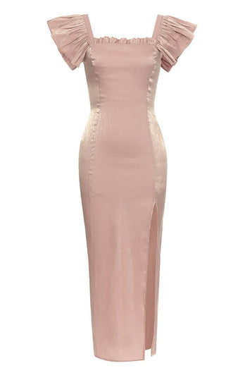 Blush Square Neck Cap Sleeves Bodycon Long Party Dress