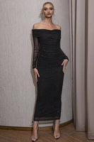 Load image into Gallery viewer, Off the Shoulder Black Tight Holiday Party Dress with Slit