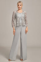 Load image into Gallery viewer, Silver Chiffon Pant and Lace Top Mother of The Bride Wide Pant Suits
