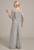 Load image into Gallery viewer, Silver Chiffon Pant and Lace Top Mother of The Bride Wide Pant Suits