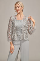 Load image into Gallery viewer, Silver Chiffon Pant and Lace Top Mother of The Bride Wide Pant Suits