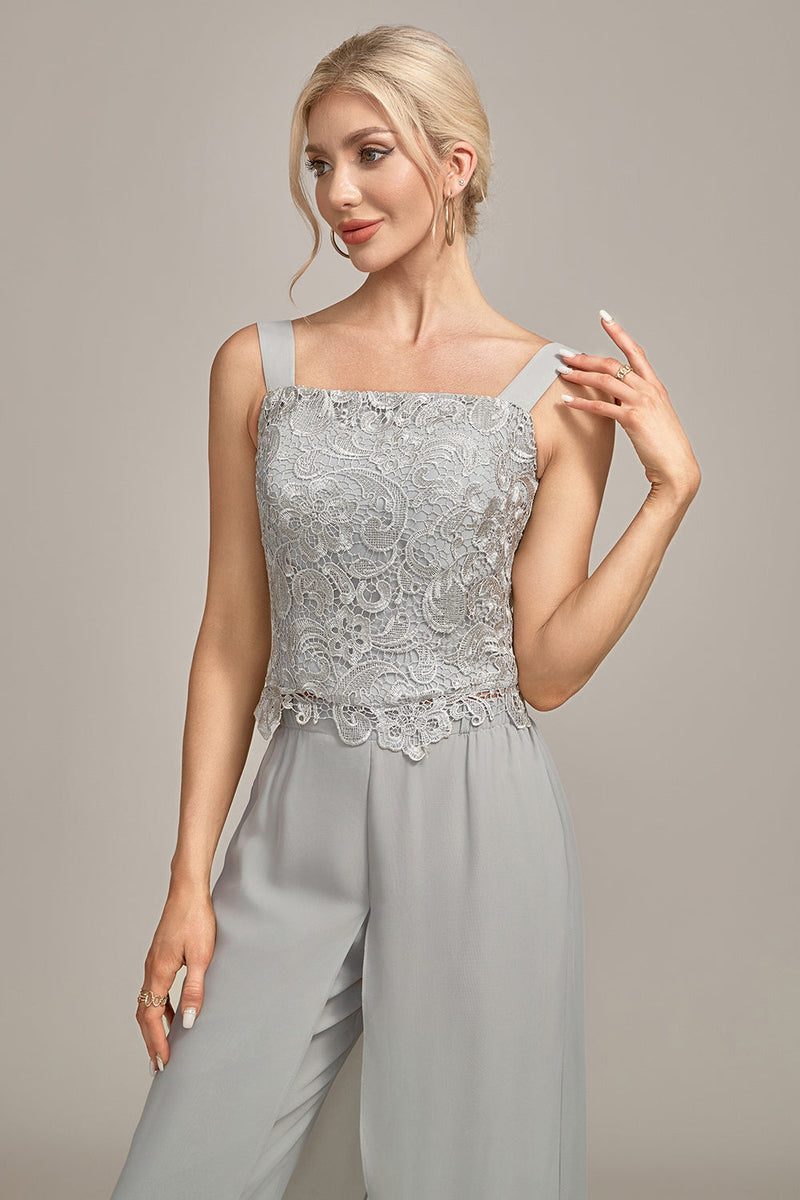 Load image into Gallery viewer, Silver Chiffon Pant and Lace Top Mother of The Bride Wide Pant Suits
