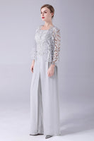 Load image into Gallery viewer, Silver Chiffon Pant and Lace Top Mother of The Bride Pant Suits