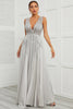 Load image into Gallery viewer, Grey Open Back Long Prom Dress with Appliques