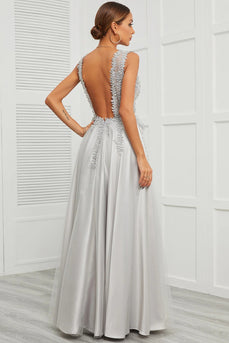Grey Open Back Long Prom Dress with Appliques