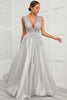 Load image into Gallery viewer, Grey Open Back Long Prom Dress with Appliques