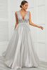 Load image into Gallery viewer, Grey Open Back Long Prom Dress with Appliques