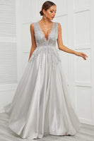 Load image into Gallery viewer, Grey Open Back Long Prom Dress with Appliques