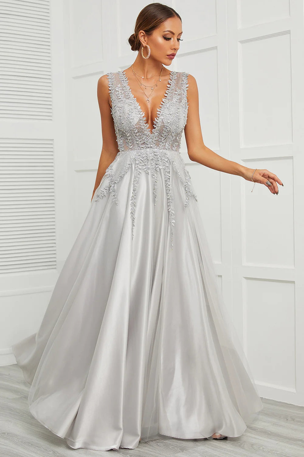 Grey Open Back Long Prom Dress with Appliques