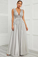 Load image into Gallery viewer, Grey Open Back Long Prom Dress with Appliques