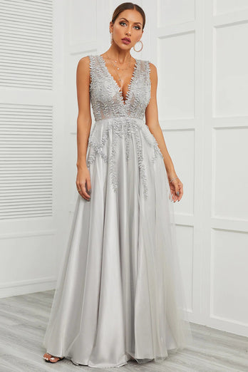 Grey Open Back Long Prom Dress with Appliques