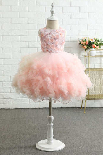 Pink Embroidery Tulle Flower Girl Dress