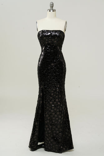 Black Sheath Strapless Sequin Prom Dress with Slit