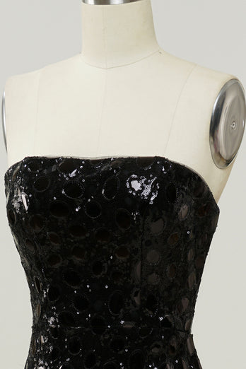 Black Sheath Strapless Sequin Prom Dress with Slit