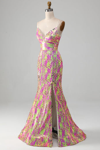 Pink Sparkly Mermaid Prom Dress with Slit