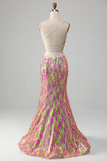 Pink Sparkly Mermaid Prom Dress with Slit