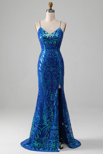 Royal Blue Mermaid Sparkly Prom Dress with Slit