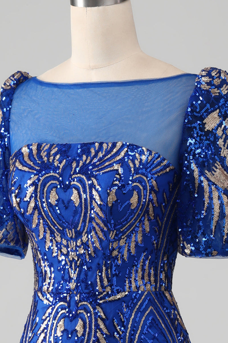 Load image into Gallery viewer, Mermaid Royal Blue Sparkly Prom Dress with Short Sleeves