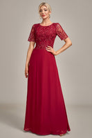 Load image into Gallery viewer, Burgundy A Line Round Neck Sequin Mother of Bride Dress With Appliques