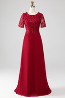 Load image into Gallery viewer, Burgundy A Line Round Neck Sequin Mother of Bride Dress With Appliques