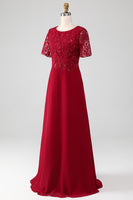 Load image into Gallery viewer, Burgundy A Line Round Neck Sparkly Sequin Mother of Bride Dress With Appliques