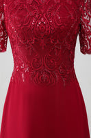 Load image into Gallery viewer, Burgundy A Line Round Neck Sparkly Sequin Mother of Bride Dress With Appliques