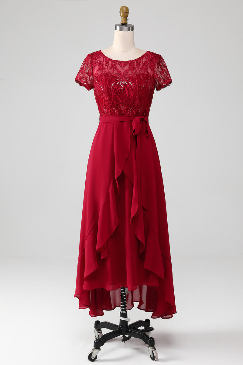 Load image into Gallery viewer, Sparkly Burgundy Asymmetrical Sequin Mother of Bride Dress with Appliques