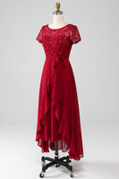 Load image into Gallery viewer, Burgundy Asymmetrical Sparkly Sequin Mother of Bride Dress with Appliques