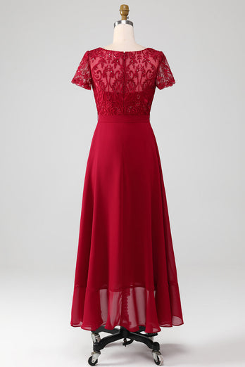 Sparkly Burgundy Asymmetrical Sequin Mother of Bride Dress with Appliques