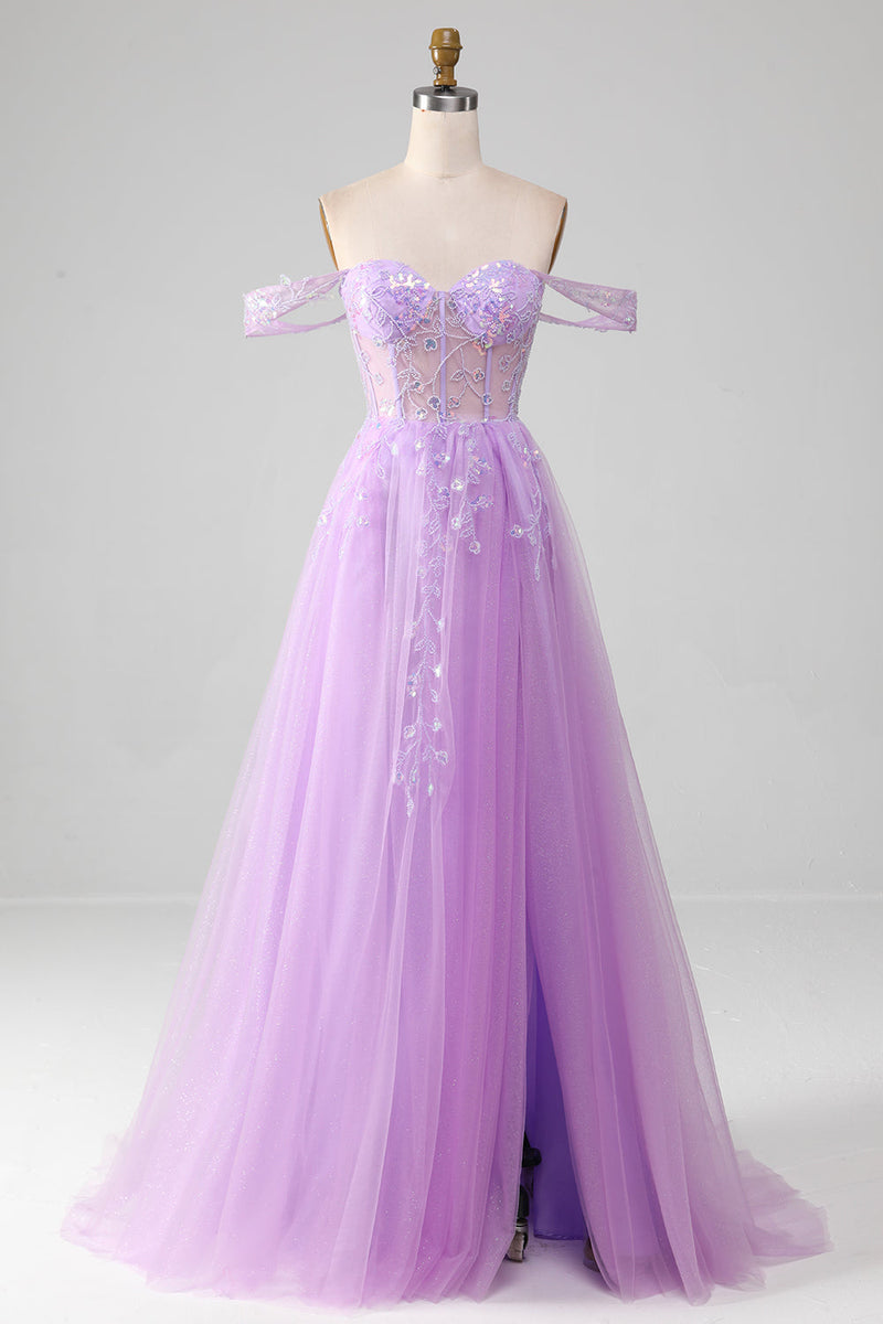 Load image into Gallery viewer, Lavender A Line Tulle Off the Shoulder Prom Dress with Slit
