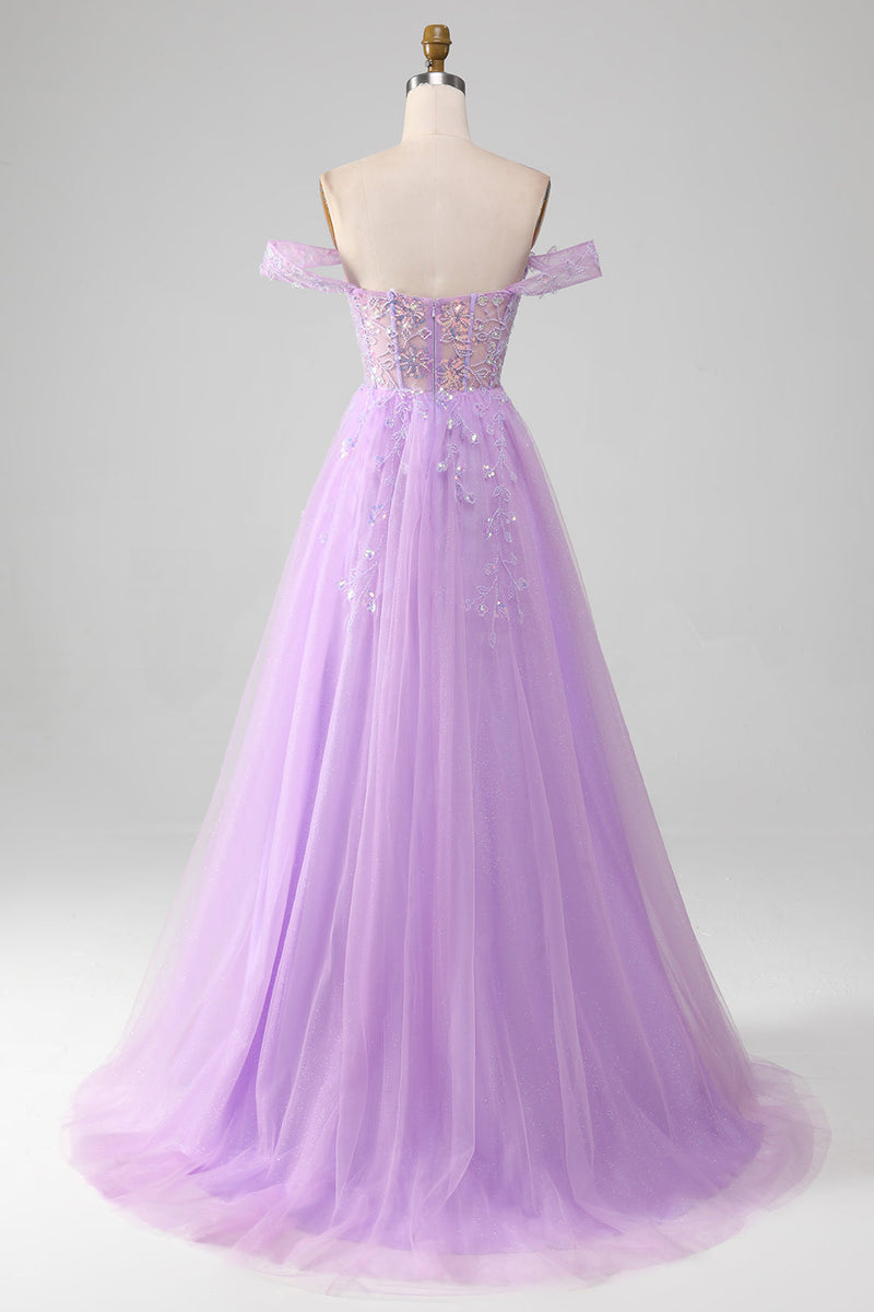 Load image into Gallery viewer, Lavender A Line Tulle Off the Shoulder Prom Dress with Slit