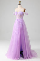 Load image into Gallery viewer, Lavender A Line Tulle Off the Shoulder Prom Dress with Slit