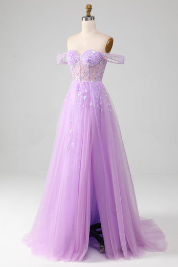 Lavender A Line Tulle Off the Shoulder Prom Dress with Slit