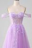 Load image into Gallery viewer, Lavender A Line Tulle Off the Shoulder Prom Dress with Slit