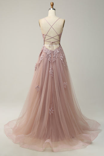 A Line Spaghetti Straps Blush Long Prom Dress with Appliques