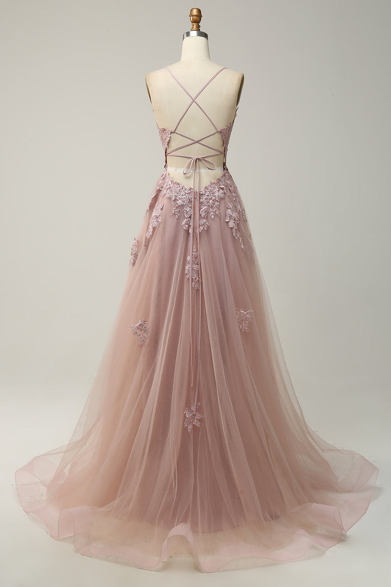 Load image into Gallery viewer, A Line Spaghetti Straps Blush Long Prom Dress with Appliques