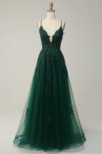 A Line Spaghetti Straps Dark Green Long Prom Dress with Criss Cross Back